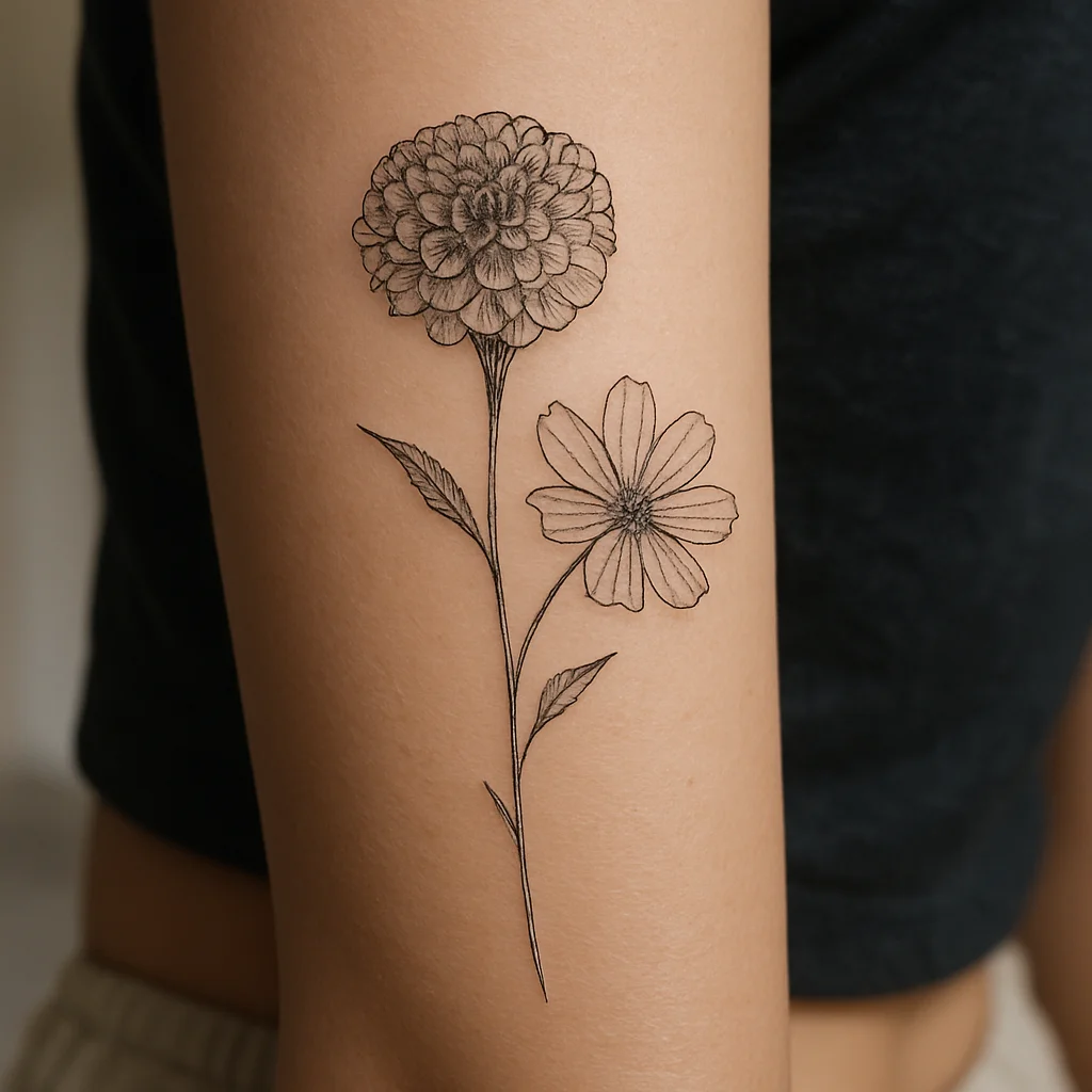 Fine-line marigold and cosmos on one stem tattooed on the outer forearm
