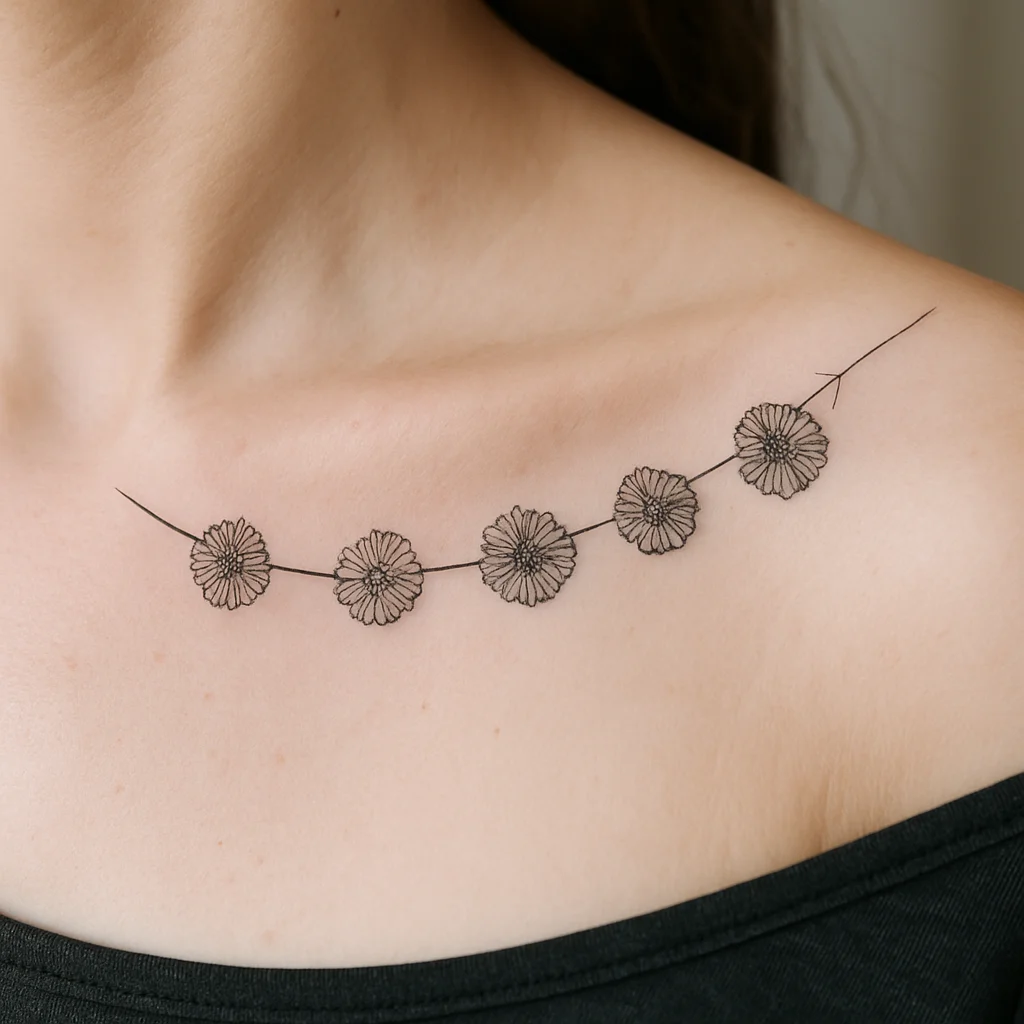 Fine-line marigold garland of small blooms threaded along the collarbone