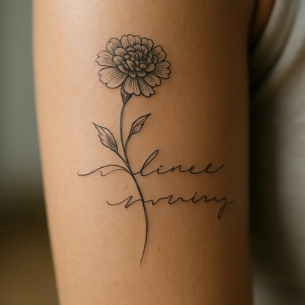 Fine-line marigold stem woven through handwritten script on the inner forearm