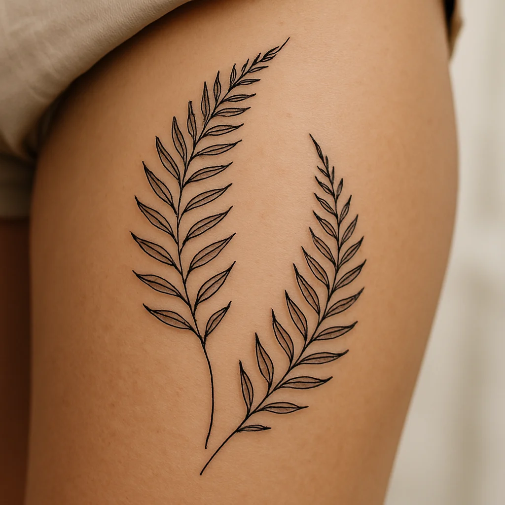 Fine-line mirrored fern frond panel tattoo curving inward on the outer thigh