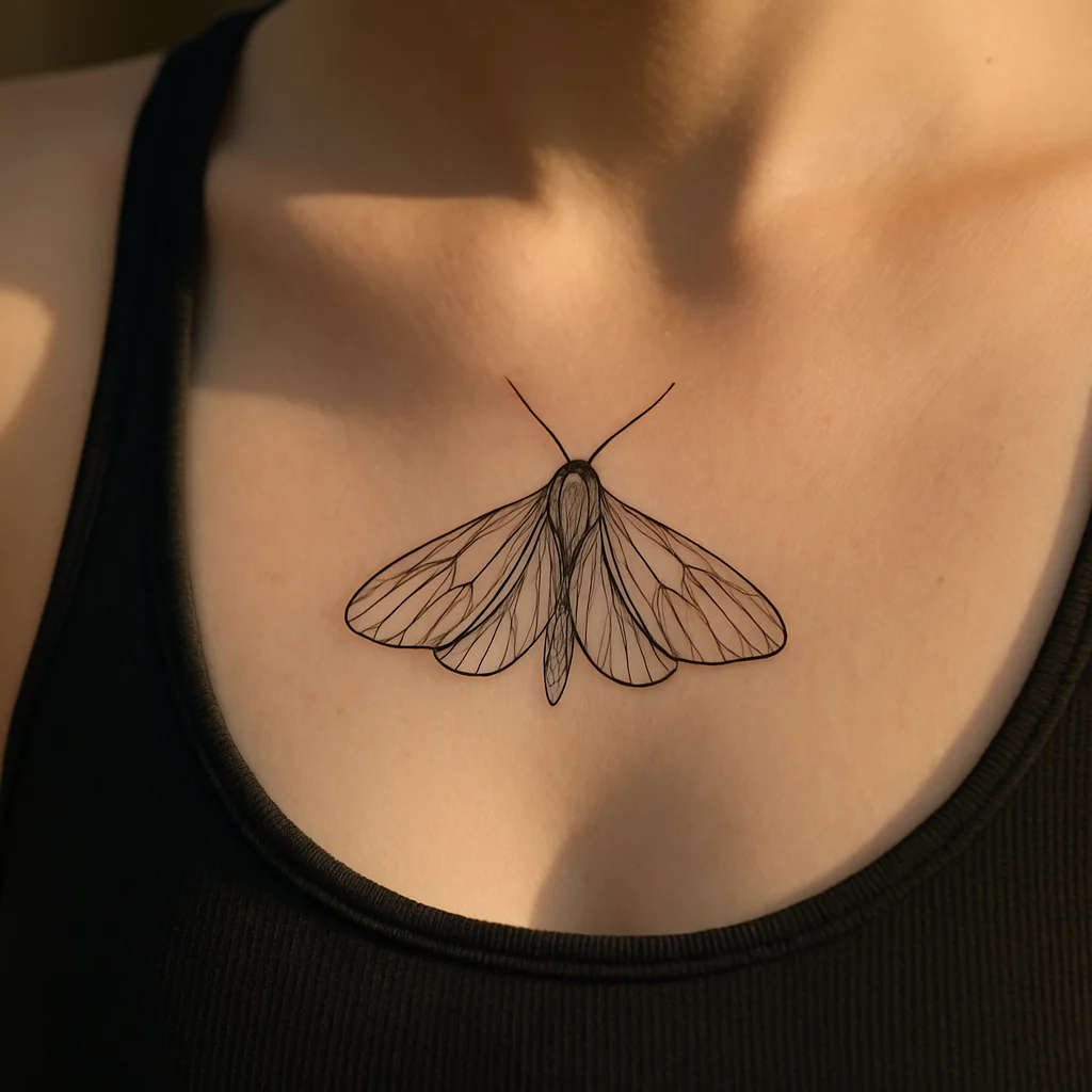 Fine-line moth tattoo with contrast returning at five weeks on the chest