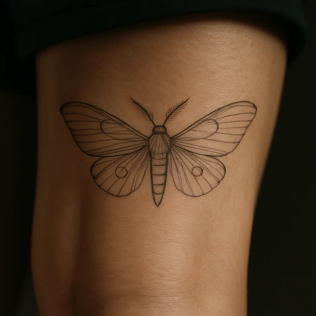 Fine-line moth tattoo with wings spread behind the knee on a man's leg