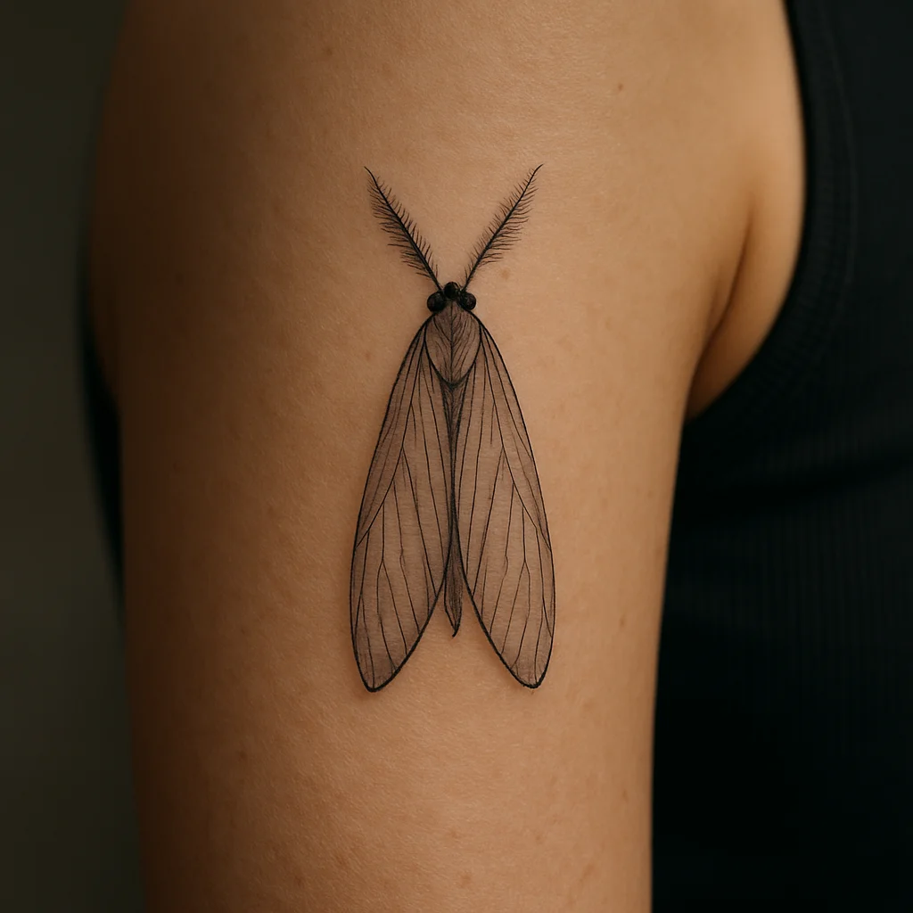 Fine-line moth with folded wings tattooed vertically on a woman's inner upper arm