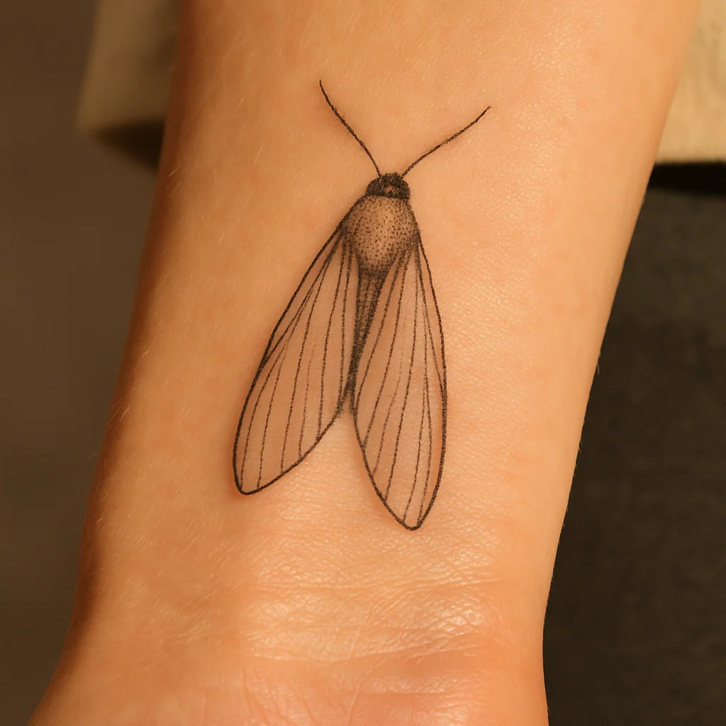 Fine-line moth with folded wings tattooed vertically on the inner wrist