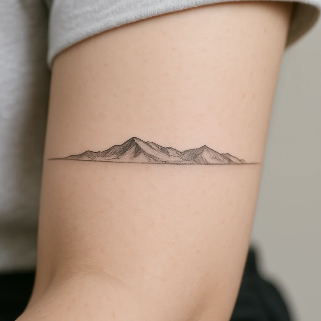 Fine-line mountain horizon band running horizontally across the inner forearm
