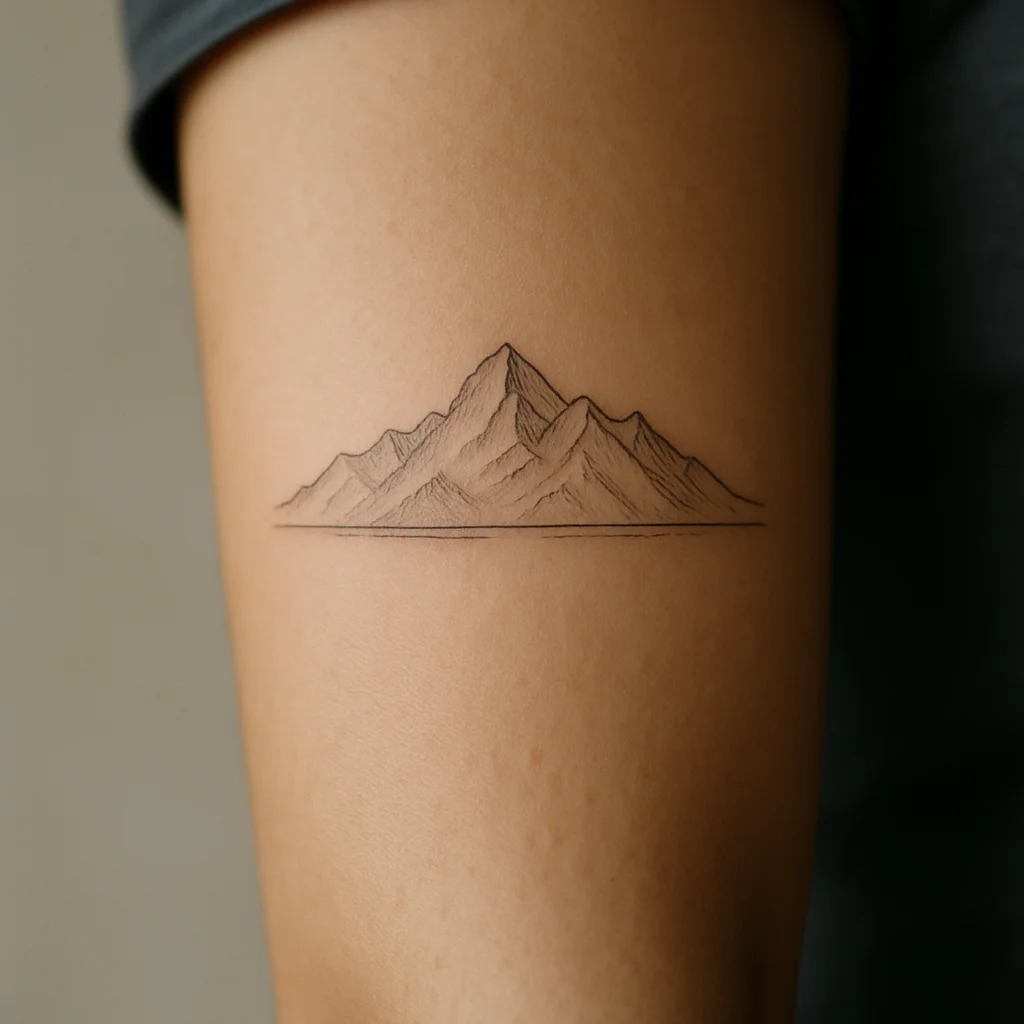 Fine-line mountain range above a waterline tattooed on the inner forearm as half of a reflection pair