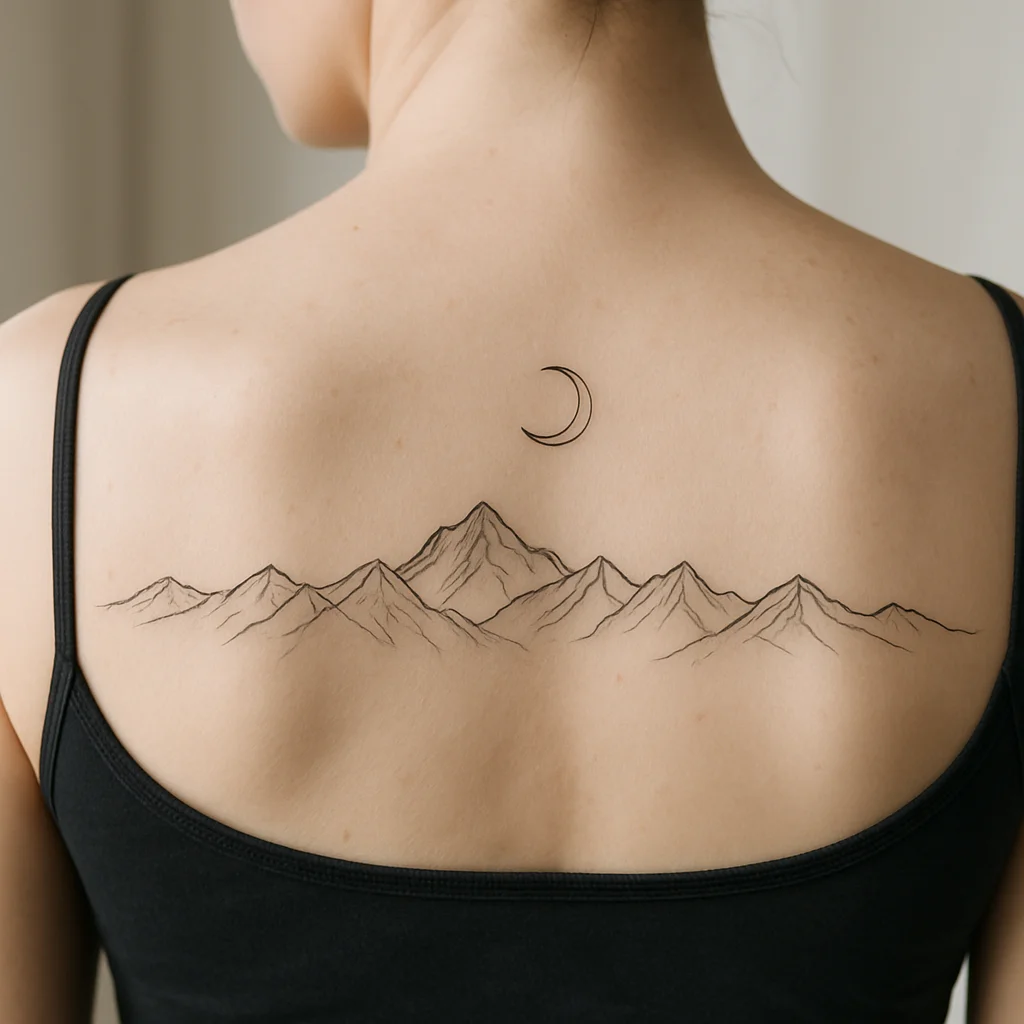 Fine-line mountain range and crescent moon tattoo across the upper back
