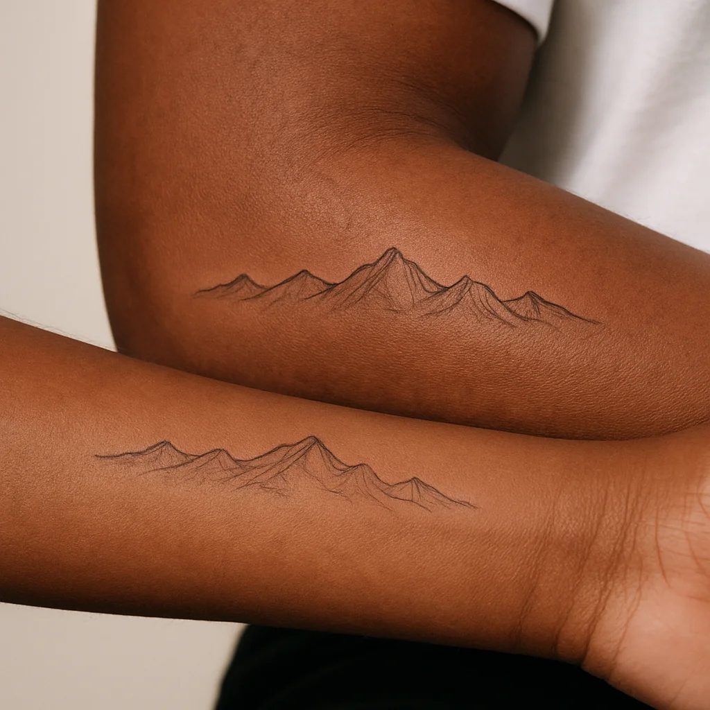 Fine-line mountain range strip tattoo on the outer forearm as a father and son matching piece