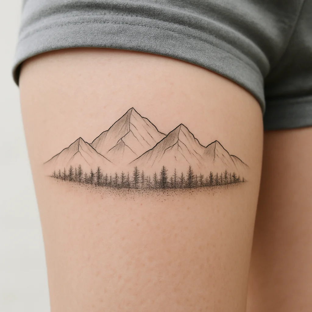 Fine-line mountain range tattoo with stippled treeline stretching along a man's outer thigh