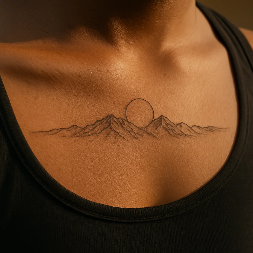 Fine-line mountain ridge and sun tattoo running along the pec fold