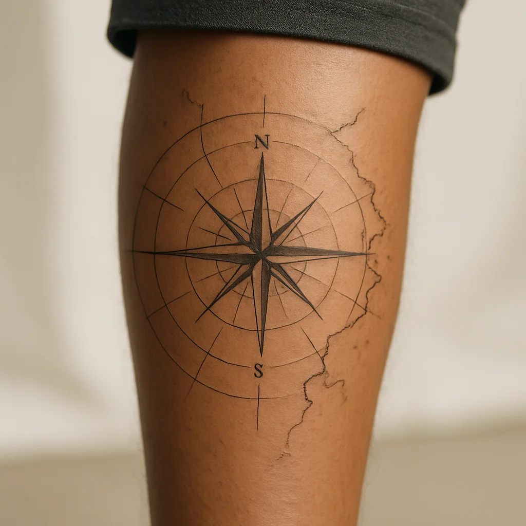 Fine-line nautical chart and compass rose lower leg sleeve wrapping the calf and shin