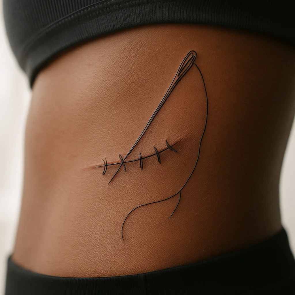 Fine-line needle and thread stitching over a scar with loose trailing thread on the ribcage