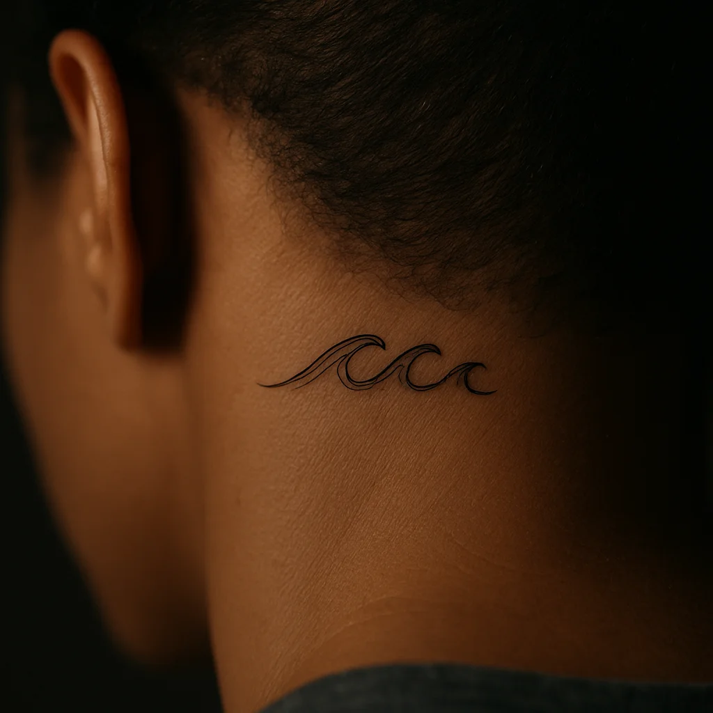 Fine-line ocean wave tattoo in the hollow behind the earlobe
