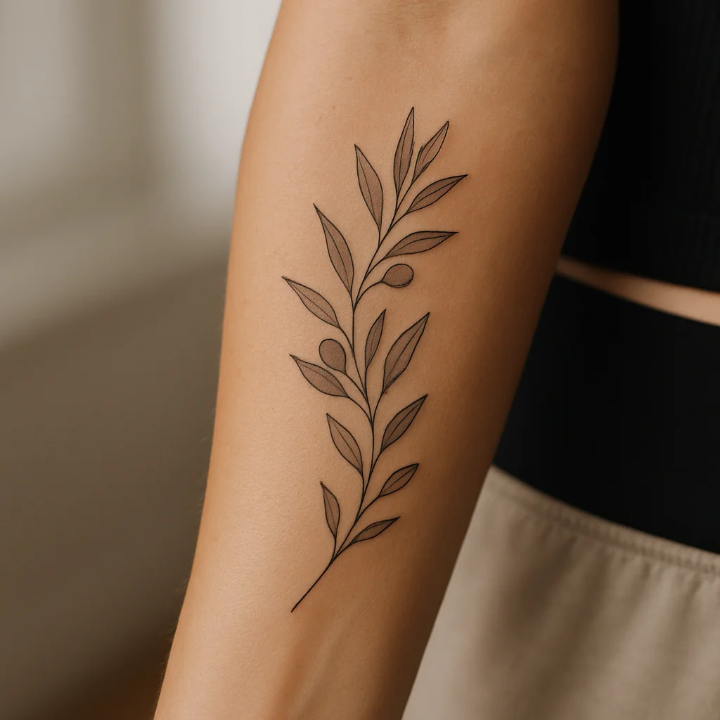 Fine-line olive branch spiralling from the inner wrist up around the forearm