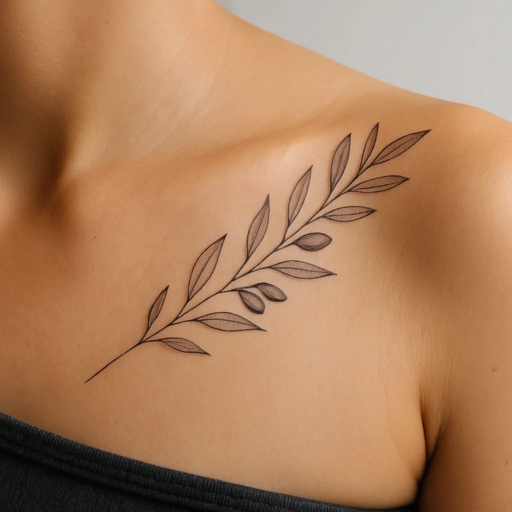 Fine-line olive branch sweeping from the collarbone over the front of the shoulder