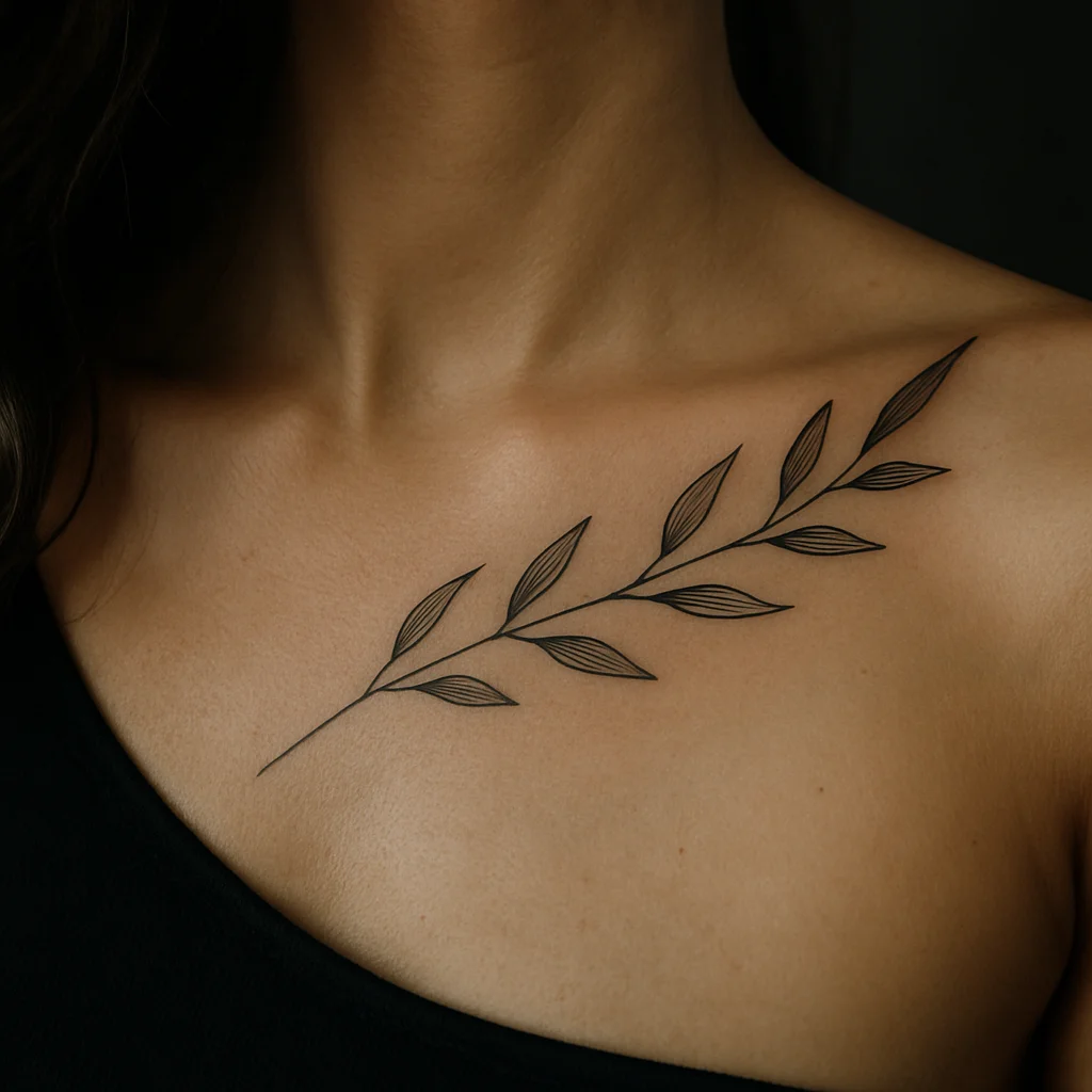 Fine-line olive branch tattoo tracing the collarbone with alternating leaves