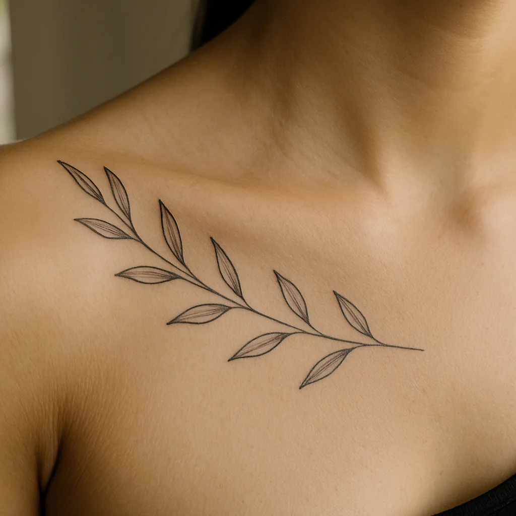 Fine-line olive branch tattoo tracing the collarbone with alternating leaves