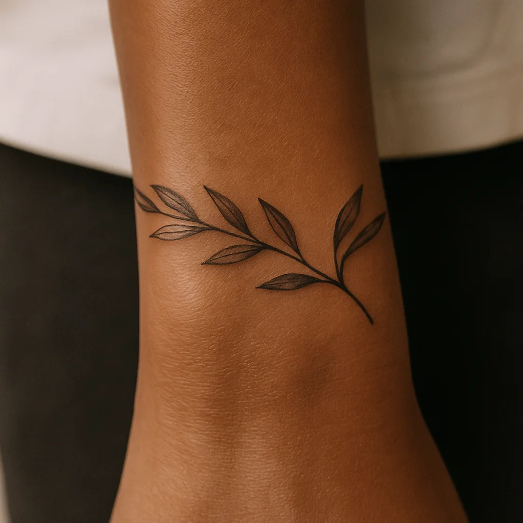 Fine-line olive branch tattoo wrapping the side of the wrist with alternating leaves and open ends