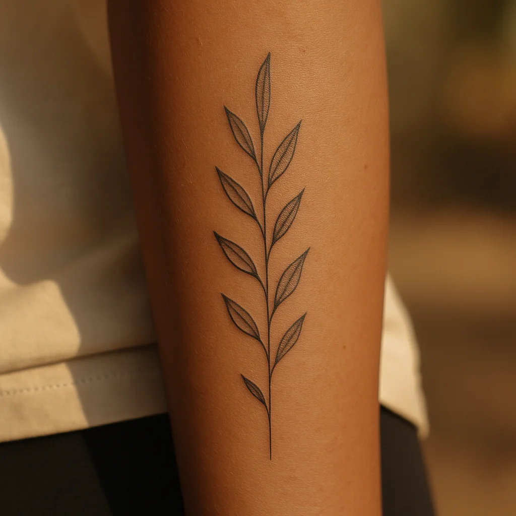 Fine-line olive branch with alternating leaves running down the centre of the inner forearm
