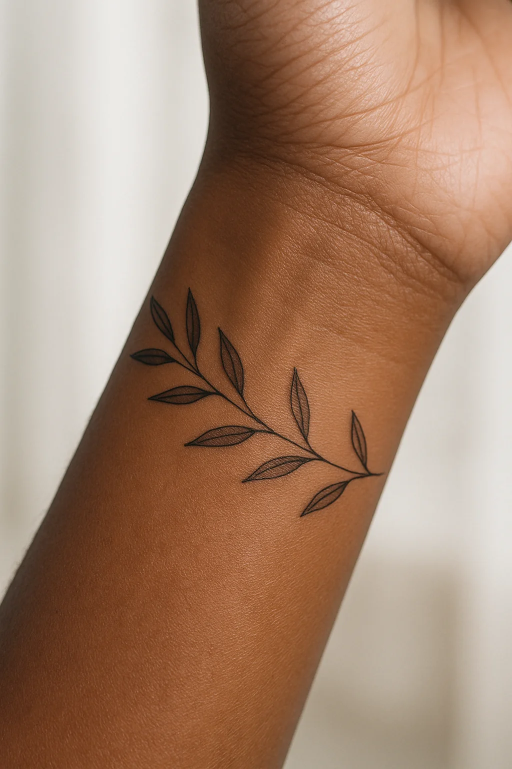 Fine-line olive branch wrapping the inner wrist with alternating leaves and open ends