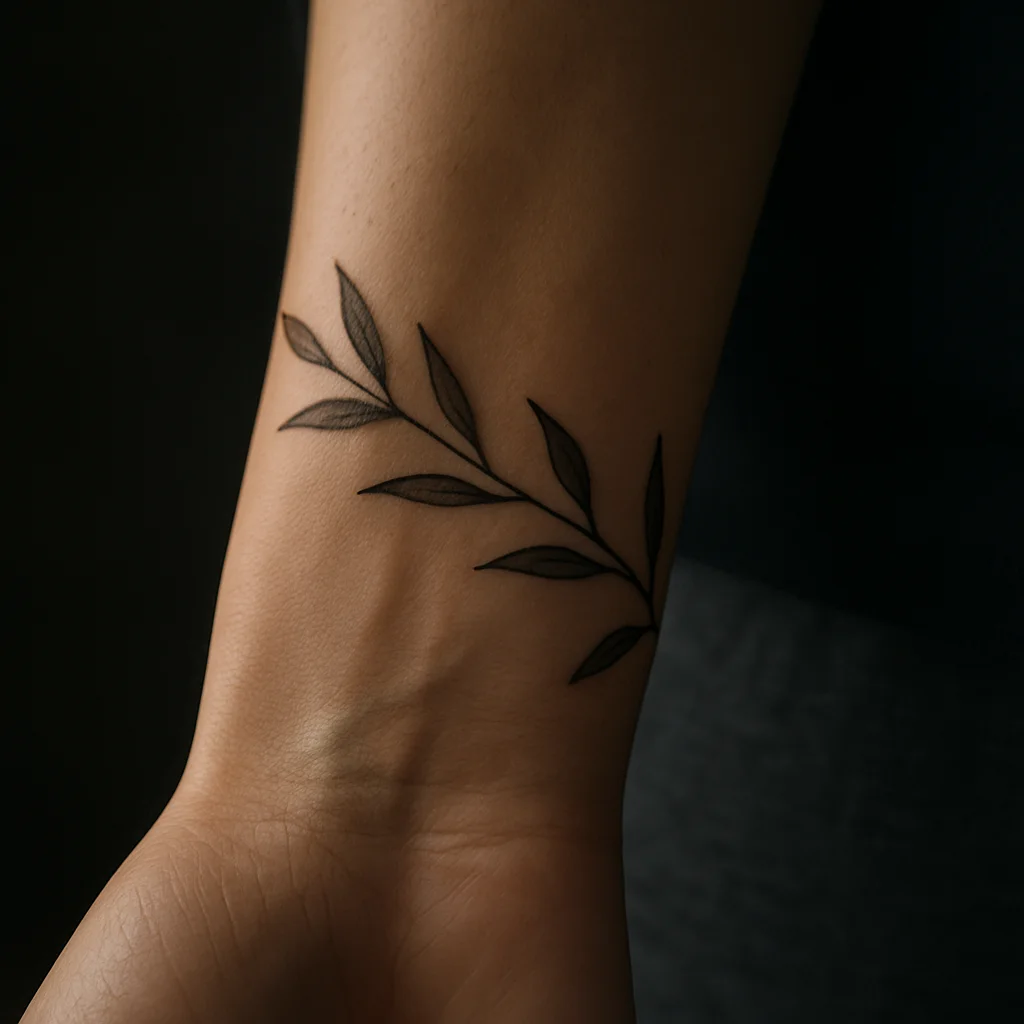 Fine-line olive branch wrapping the wrist with alternating leaves and open unjoined ends