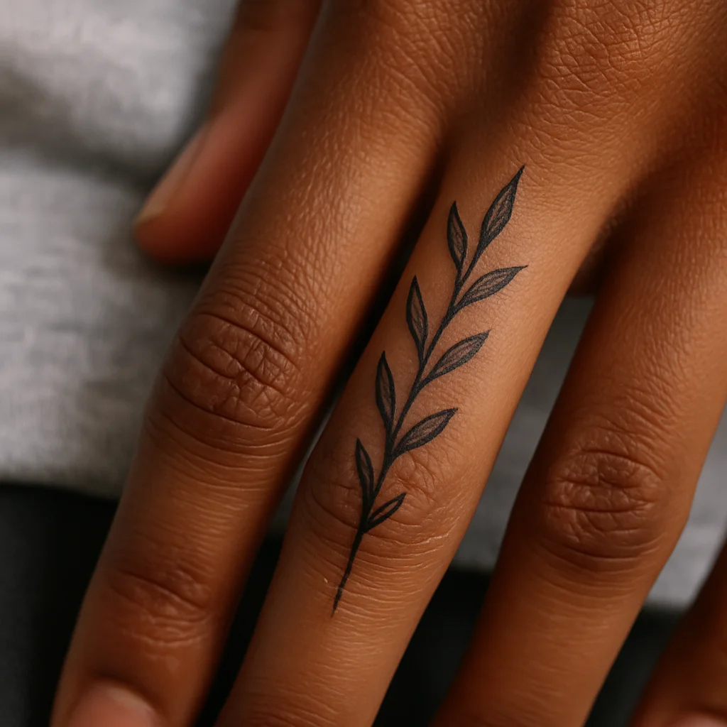 Fine-line olive sprig tattooed along the side of an index finger