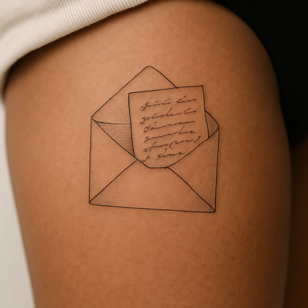 Fine-line open envelope tattoo with a handwritten letter sliding out, placed on the thigh