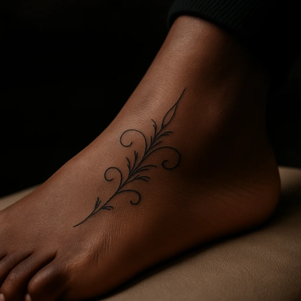 Fine-line ornamental foot tattoo healing with the leg elevated, a high-risk placement for swelling
