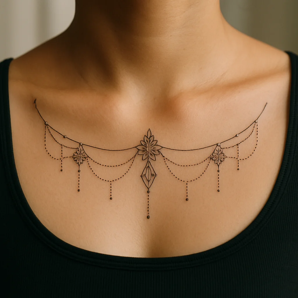 Fine-line ornamental necklace garland with dot chains draped between the collarbones