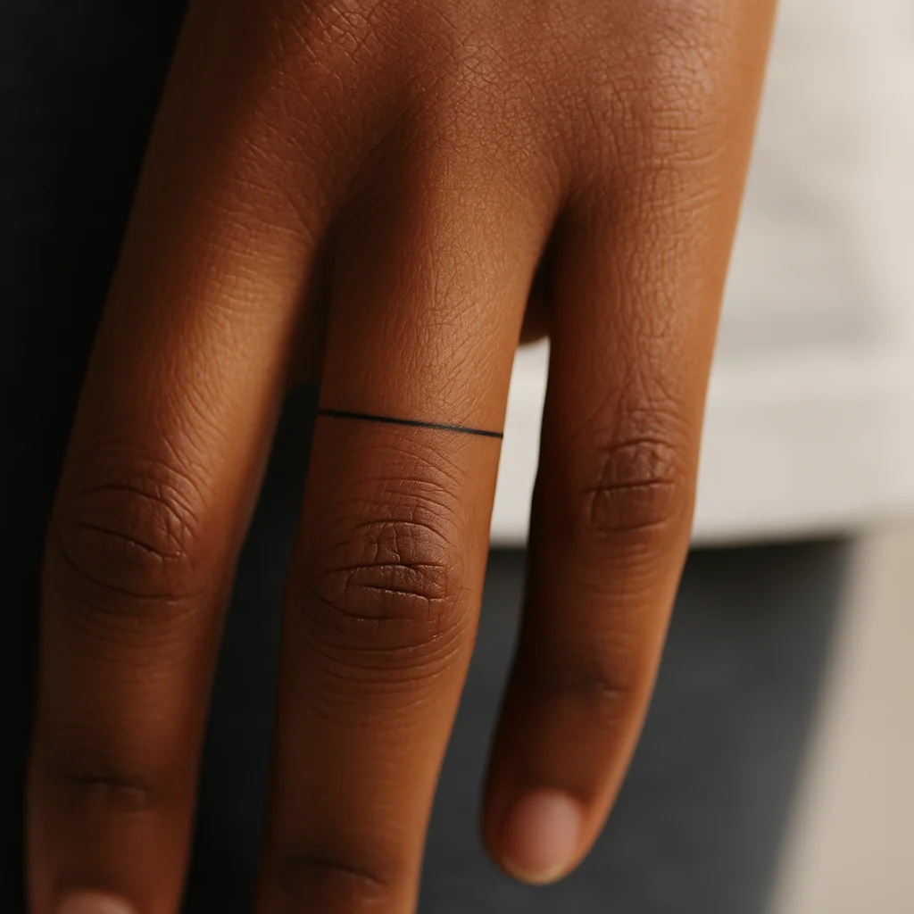 Fine-line partial band tattooed on the side of a ring finger