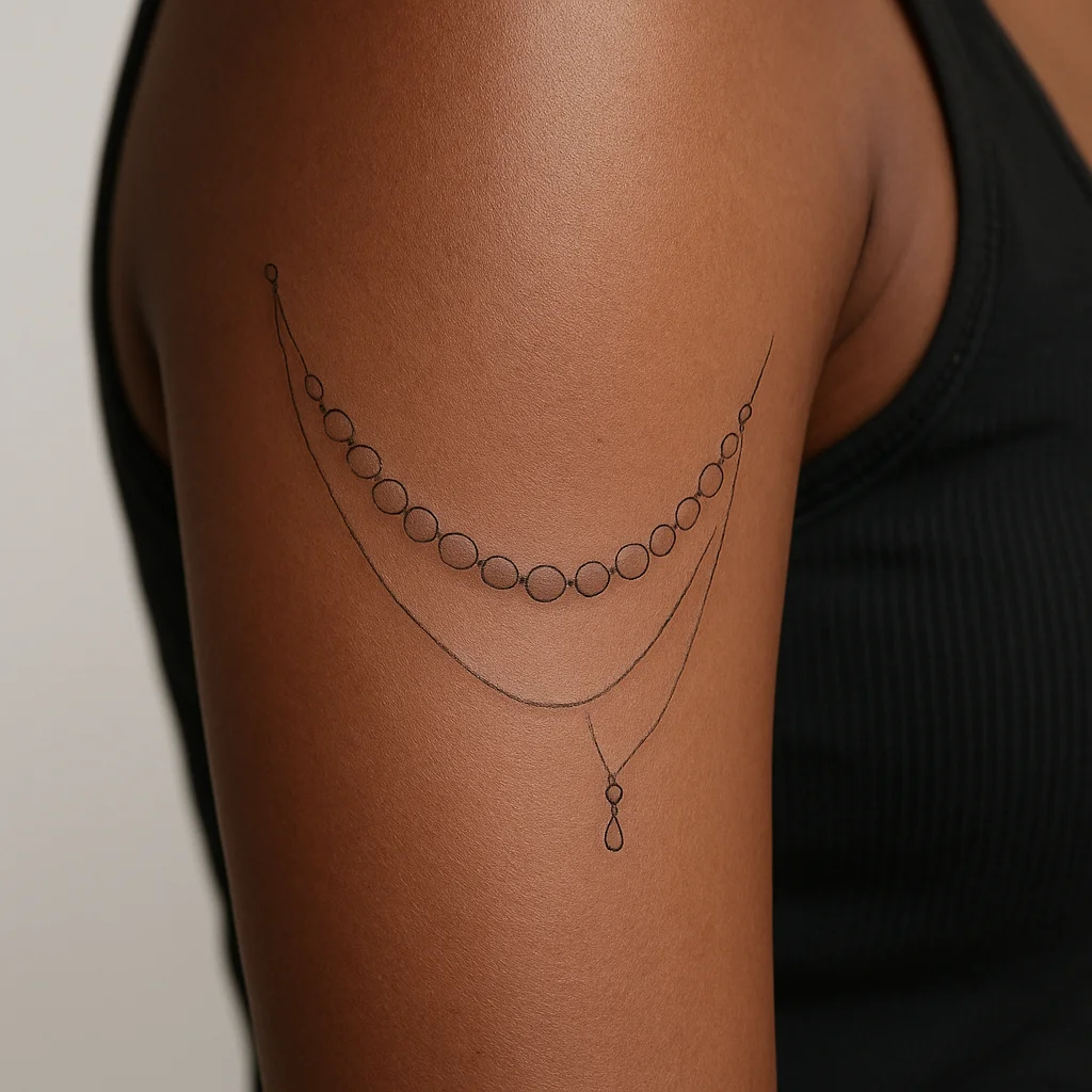 Fine-line pearl strand armband with a charm draped on a woman's upper arm