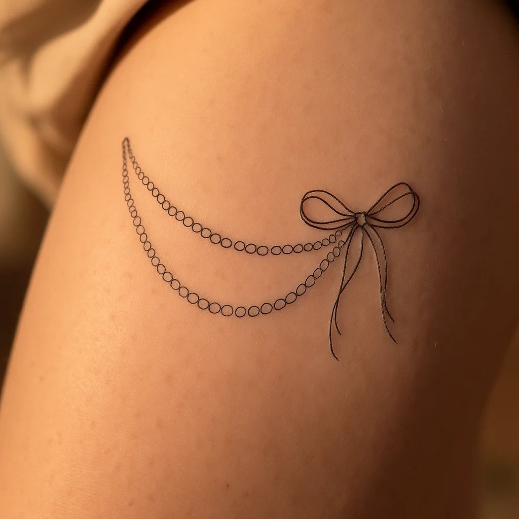 Fine-line pearl string and ribbon bow garter tattoo draped across the thigh