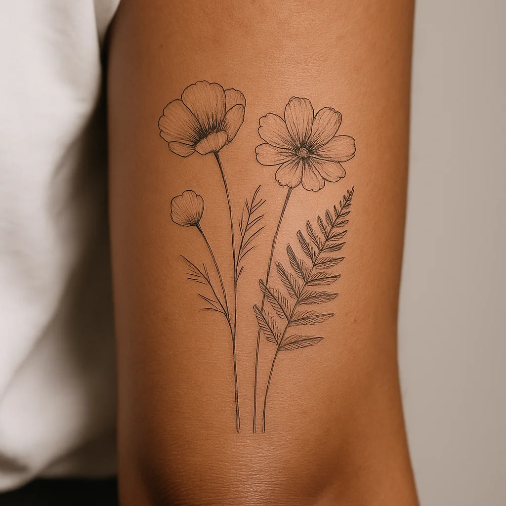 Fine-line poppy, cosmos and fern herbarium trio tattoo on outer forearm