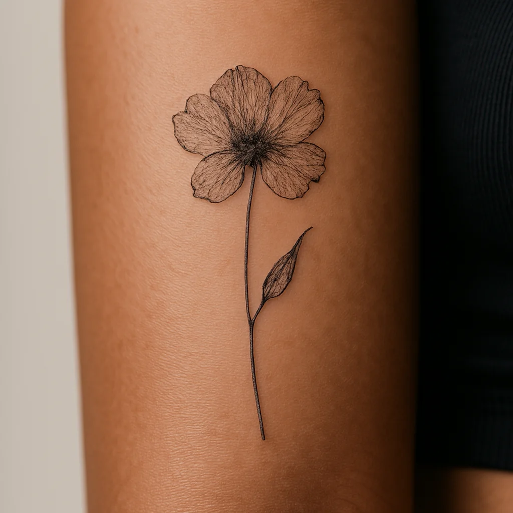 Fine-line pressed flower tattoo with imperfect petals low on the inner forearm