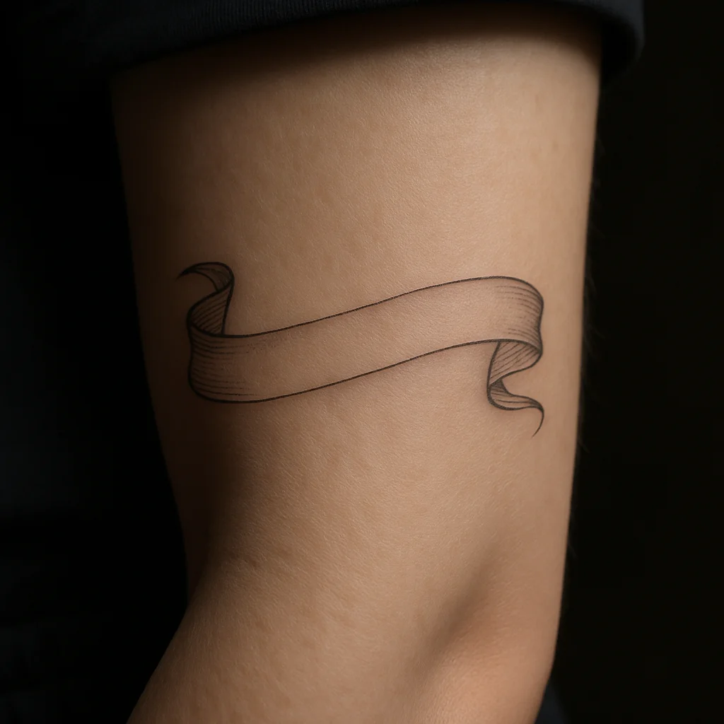 Fine-line ribbon banner crossing the inner forearm horizontally with curling ends
