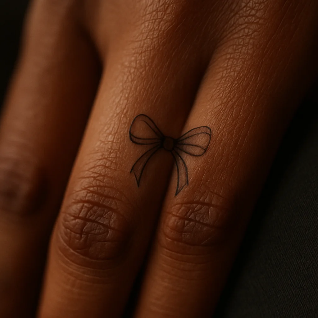 Fine-line ribbon bow tattoo at the base of a ring finger