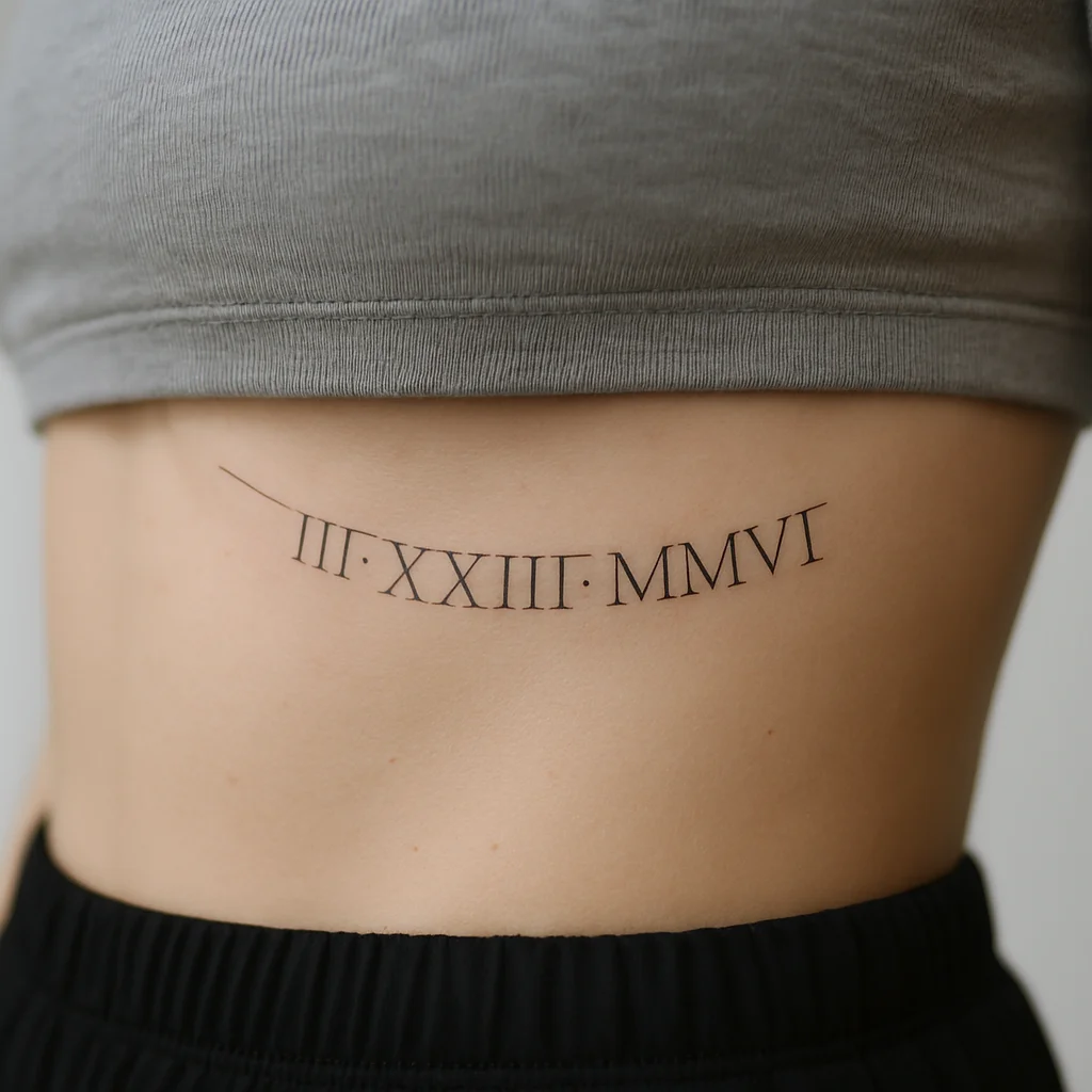 Fine-line Roman numeral date curving along the under-bust line