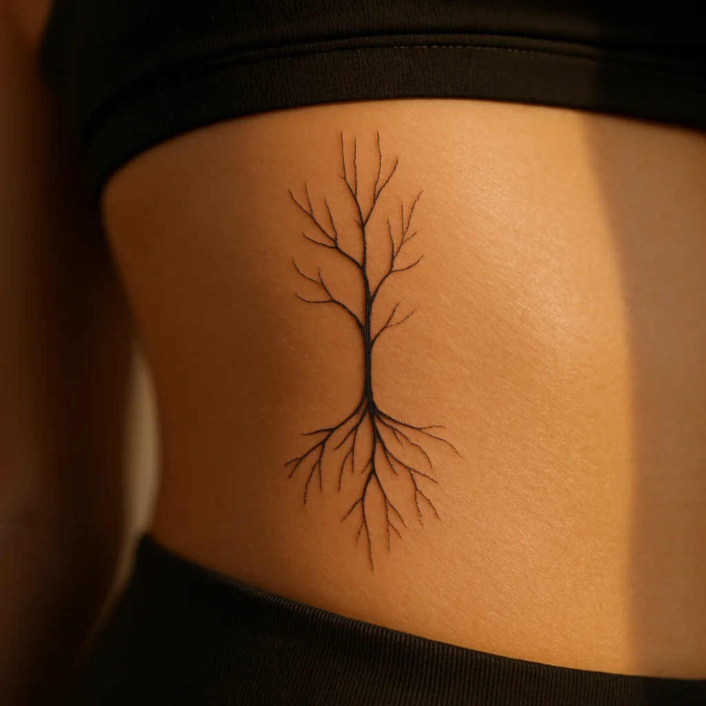 Fine-line roots and bare branches split as a matching pair on the side of the ribcage