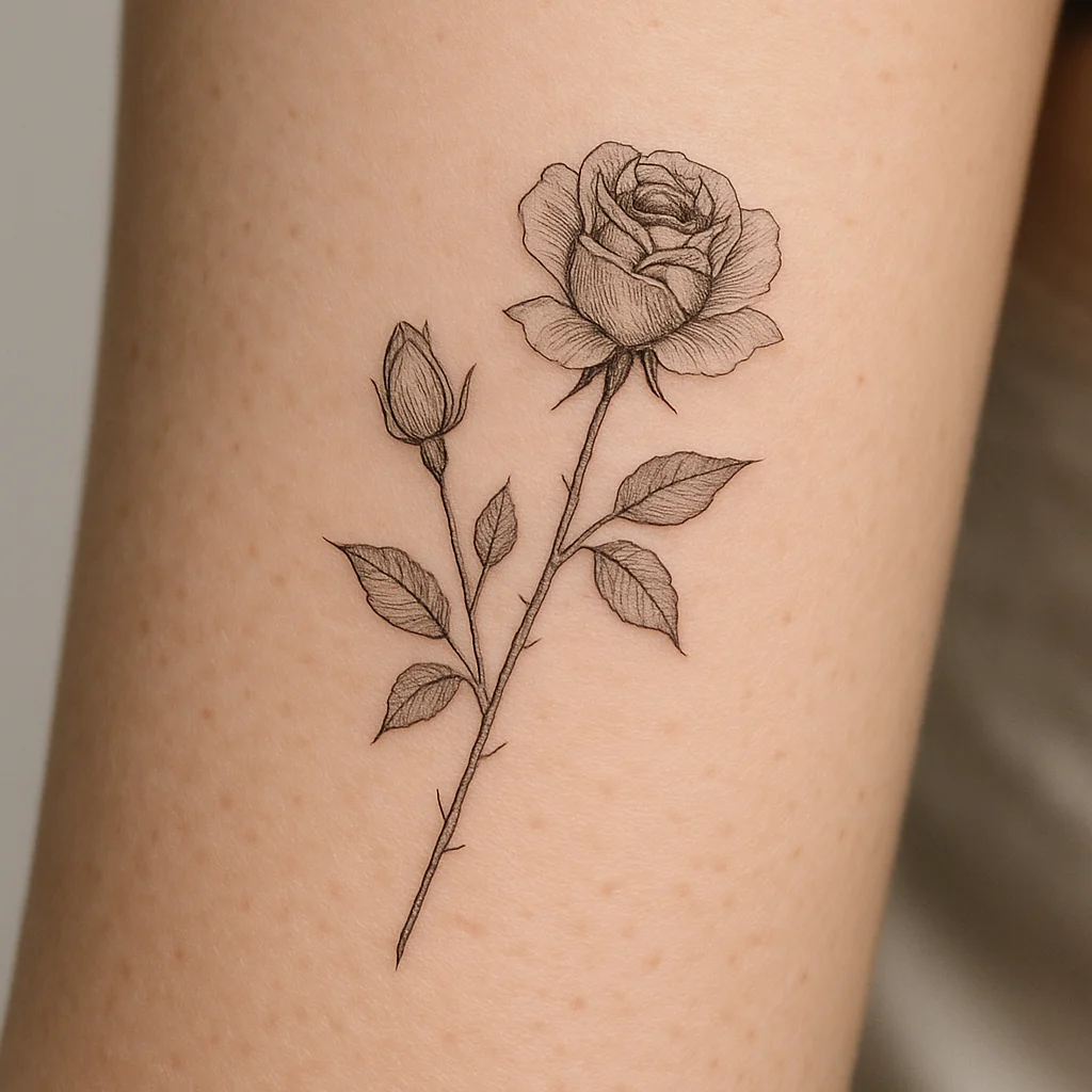Fine-line rose bud beside open bloom on thorned stem tattoo on inner forearm symbolizing parent and child