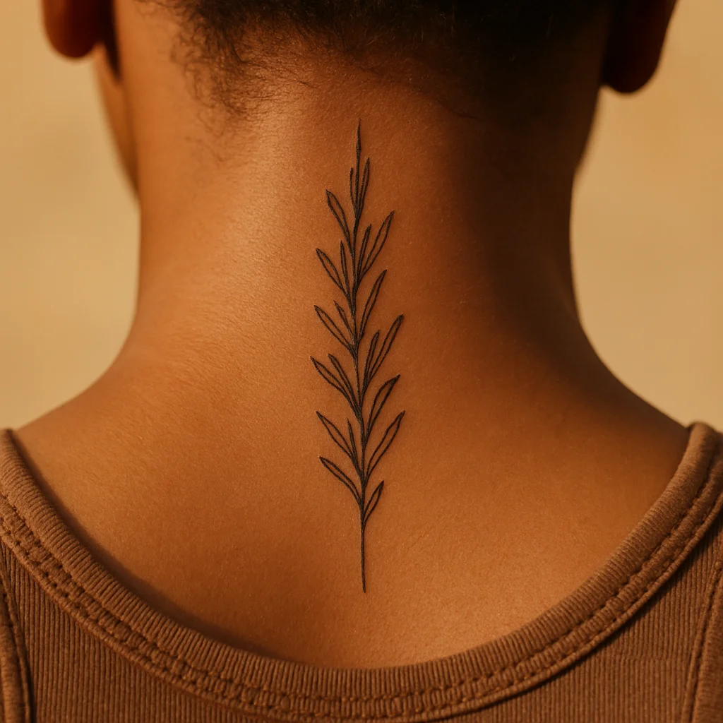 Fine-line rosemary sprig tattoo trailing from the hairline down the nape