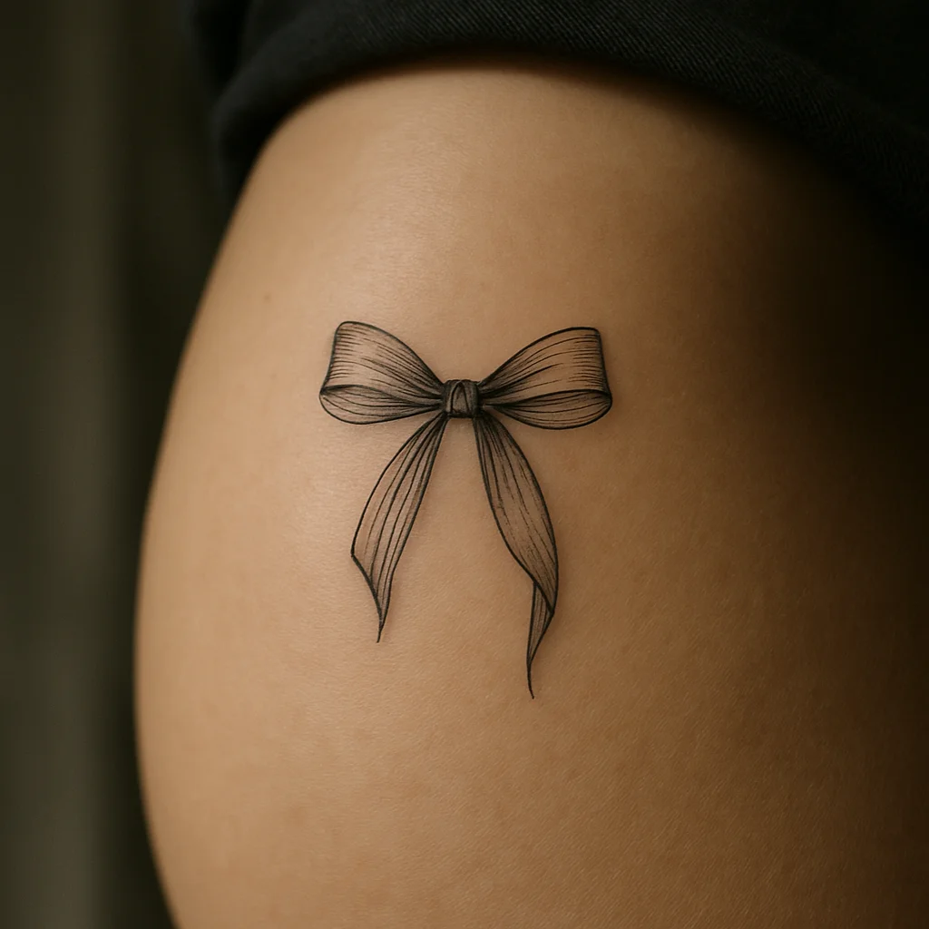Fine-line satin bow with trailing ribbon tails tattooed on a woman's inner thigh