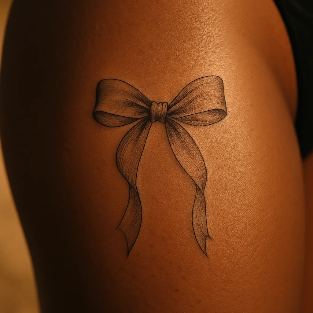 Fine-line satin ribbon bow tattoo with trailing tails on inner thigh