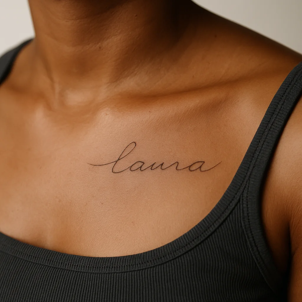 Fine-line script name tattoo in hairline cursive along a collarbone, small-tier laser removal example