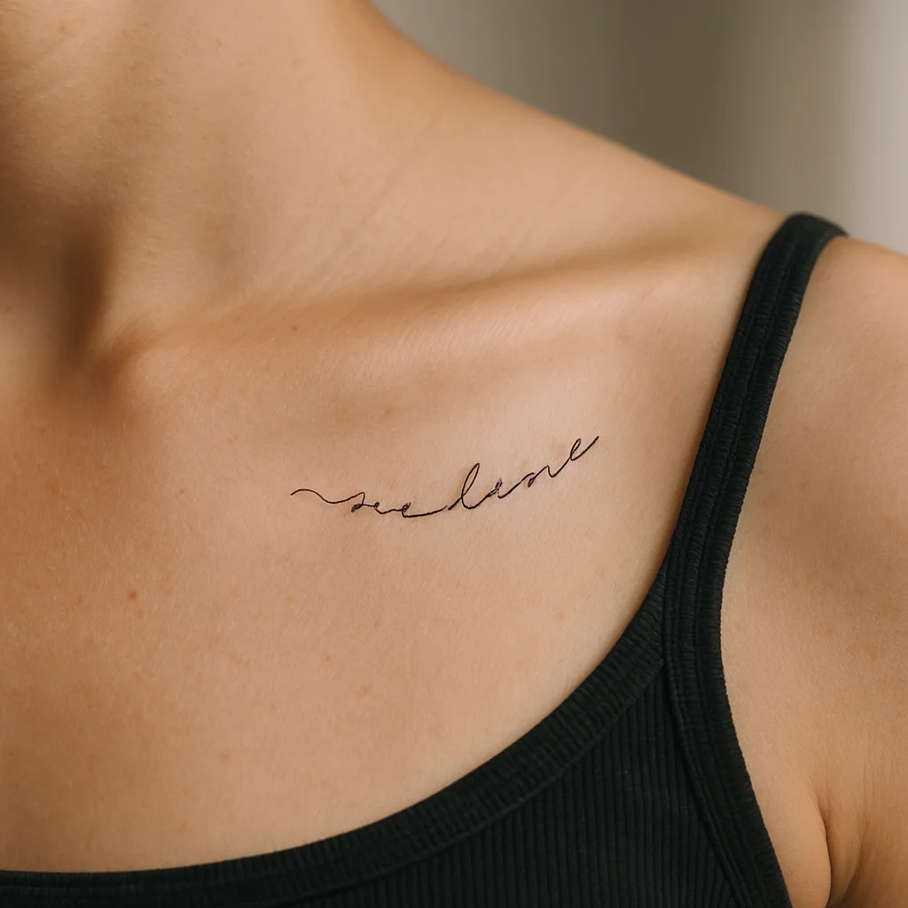 Fine-line script phrase curved in a shallow arc beneath the collarbone