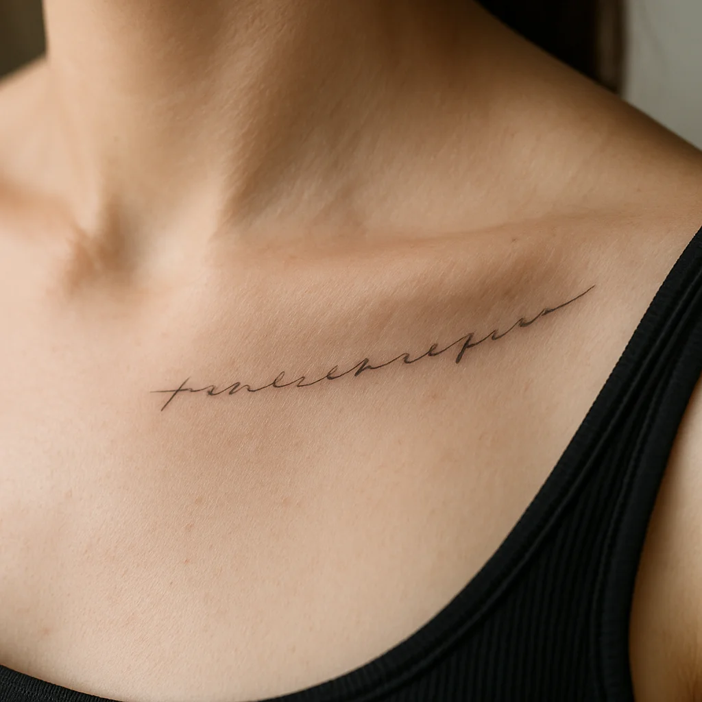 Fine-line script tattoo following the collarbone ridge on a man's chest