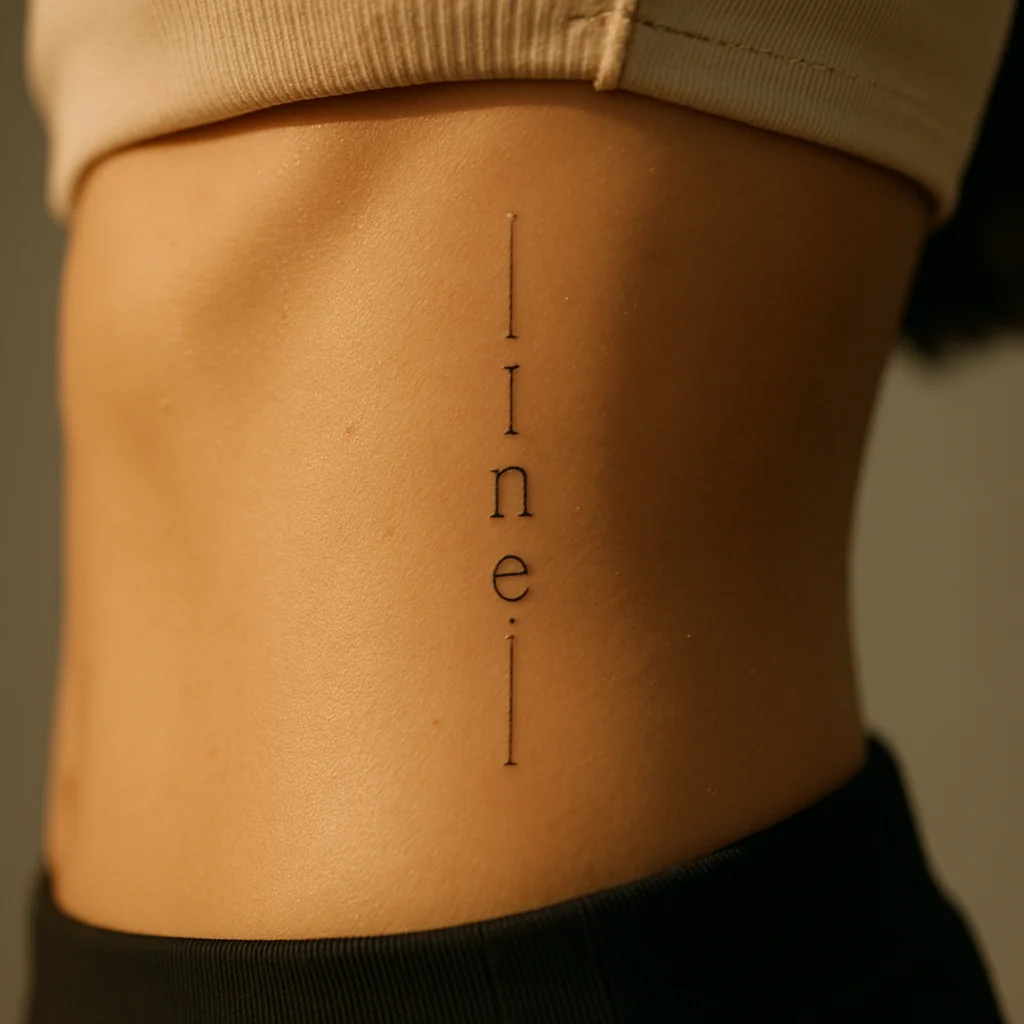 Fine-line serif phrase running vertically down the side of the ribcage