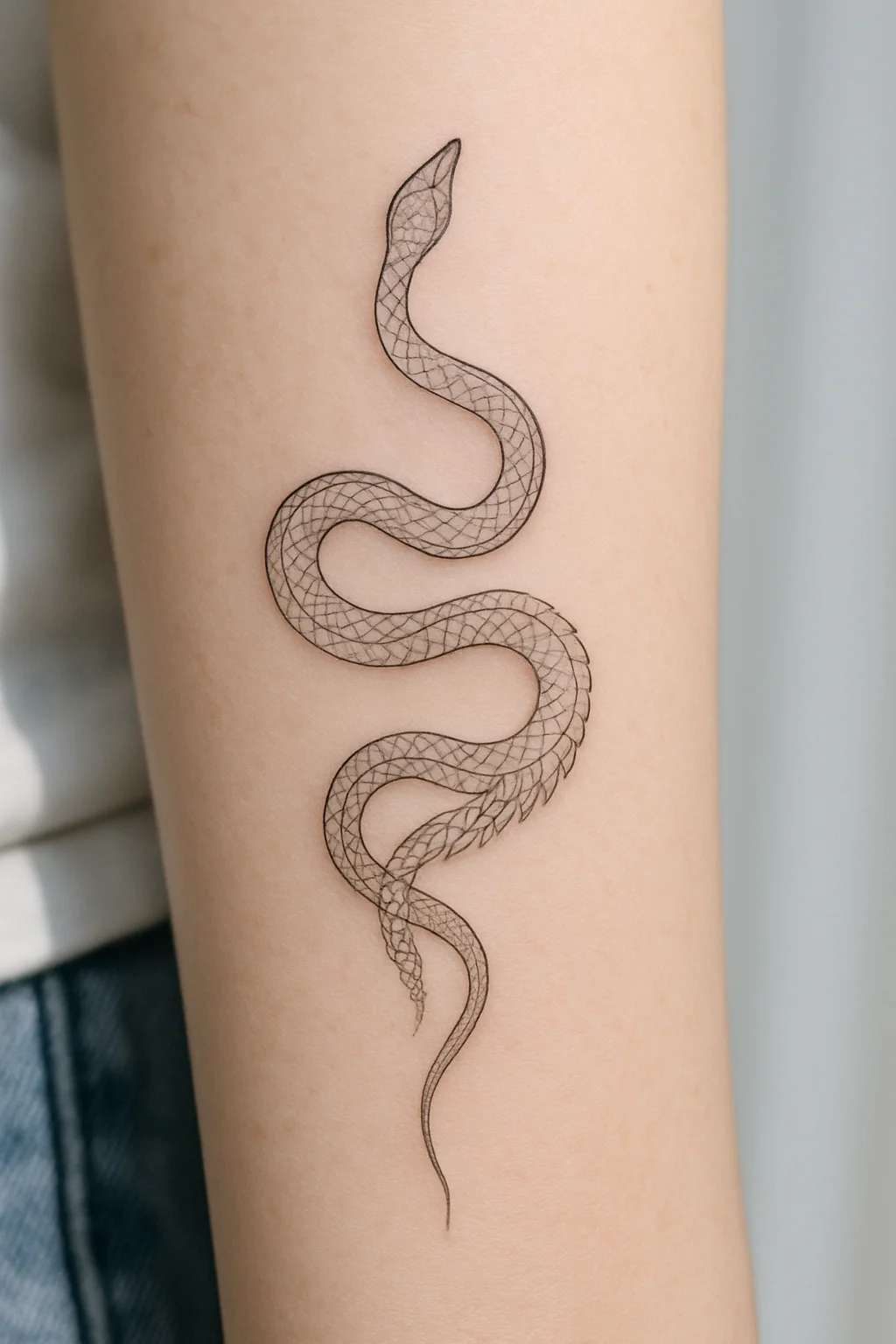 Fine-line single needle snake shedding its skin tattooed along the inner forearm