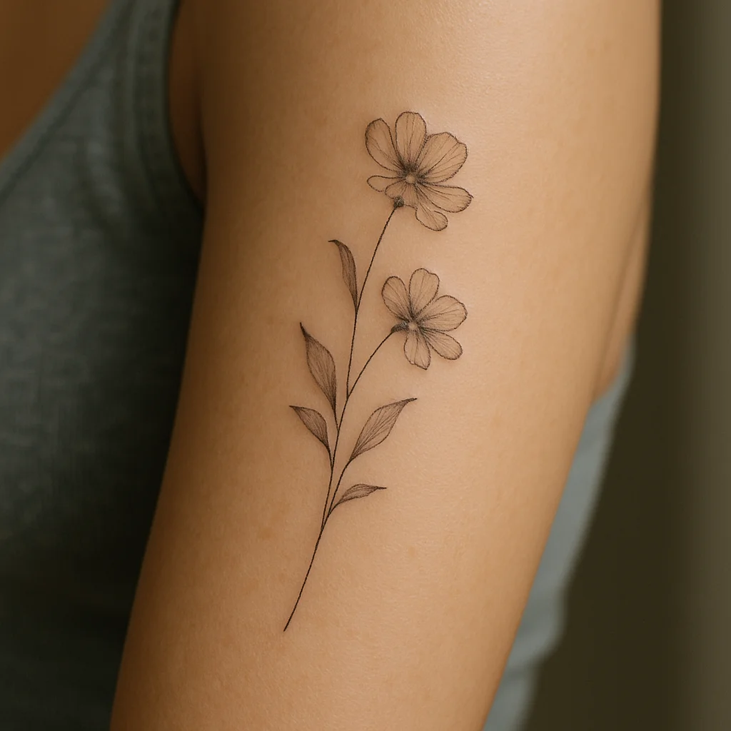 Fine-line single-stem wildflower tattoo running vertically along the inner forearm tendon line
