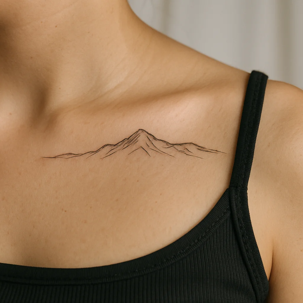 Fine-line single-stroke hill ridge horizon tattoo across the collarbone