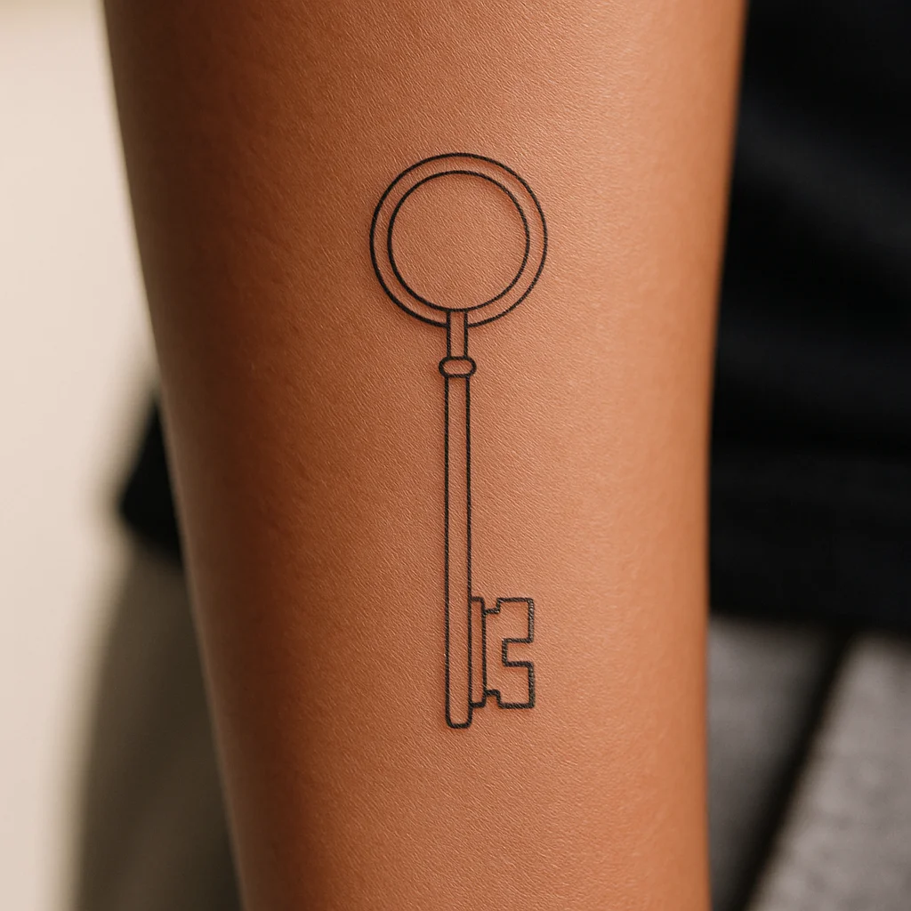Fine-line skeleton key outline with chunky teeth tattooed on the inner forearm